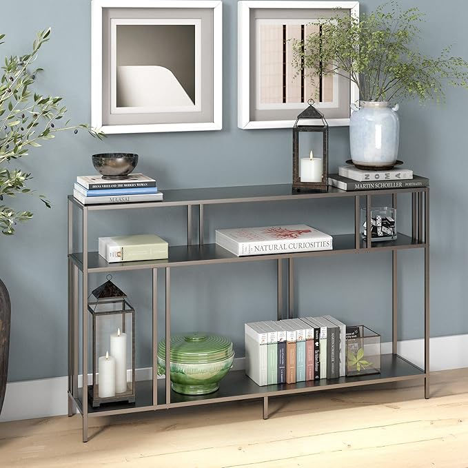 Henn&Hart 48" Wide Rectangular Console Table with Metal Shelves in Gunmetal Gray, Entryway Table, Accent Table for Living Room, Hallway - LeafyLoom