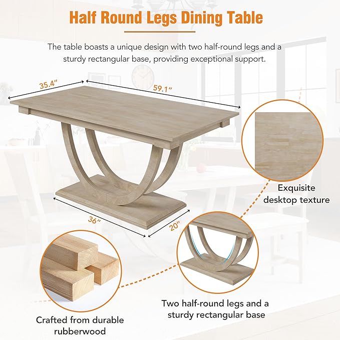 Dining Table Set for 6, Wood Half Round Dining Table Set with Upholstered Dining Chairs and Bench, Kitchen Table Set for Dining Room, Natural Wood - LeafyLoom