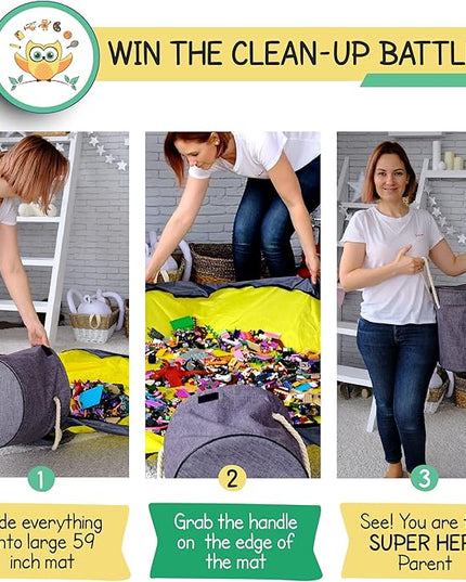 Toy Storage Basket and Play Mat for Building Bricks - Collapsible Canvas Organizer Bag with Drawstring - For Kids - LeafyLoom