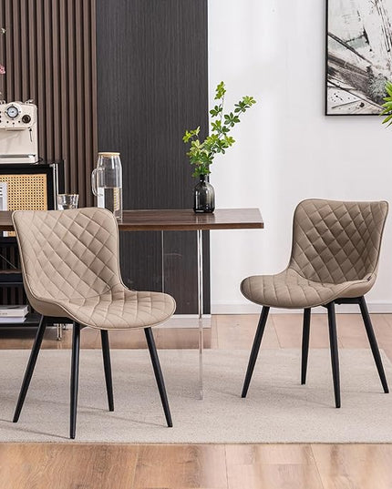 YOUTASTE Khaki Dining Chairs Set of 2 Mid Century Modern PU Leather Diamond Upholstered Accent Guest Dinner Chair with Back Metal Legs for Kitchen Living Reception Waiting Room - LeafyLoom