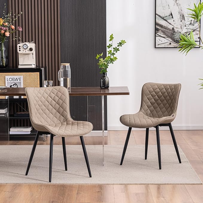 YOUTASTE Khaki Dining Chairs Set of 2 Mid Century Modern PU Leather Diamond Upholstered Accent Guest Dinner Chair with Back Metal Legs for Kitchen Living Reception Waiting Room - LeafyLoom