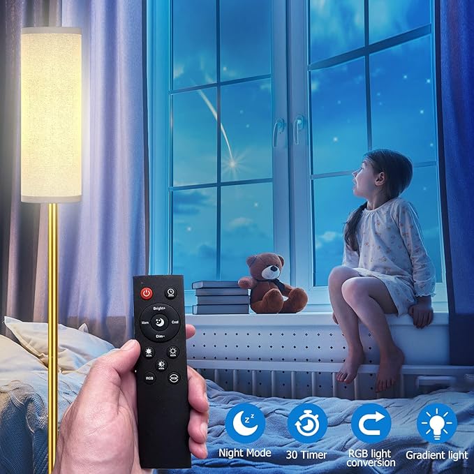 Floor Lamp for Living Room Bedroom with Remote, Modern LED Floor Lamp with Two Adjustment Modes of Reading and Colorful,Standing Lamp Tall Lamp with White Lampshade,9W Bulb Included(Gold) - LeafyLoom
