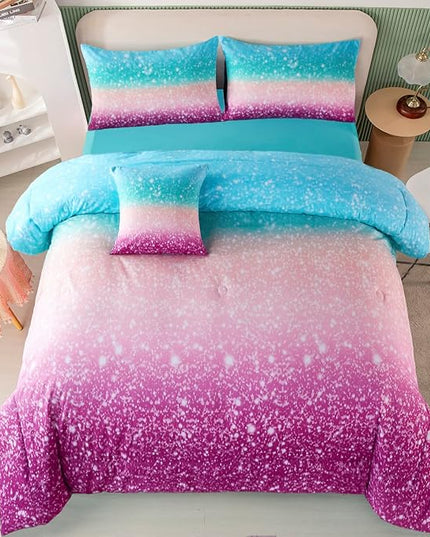 PERFEMET 6 Piece Full Size Comforter Sets for Teens Girls, Tie Dye Rainbow Ombre Bed in A Bag, Gradient Glitter Sparkle Bedroom Decor Bedding Set (Blue Teal Purple, Full) - LeafyLoom