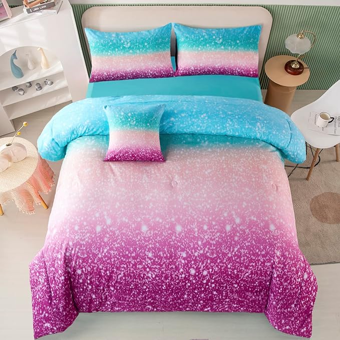 PERFEMET 6 Piece Full Size Comforter Sets for Teens Girls, Tie Dye Rainbow Ombre Bed in A Bag, Gradient Glitter Sparkle Bedroom Decor Bedding Set (Blue Teal Purple, Full) - LeafyLoom