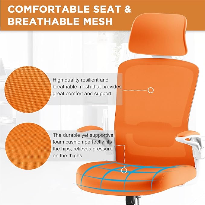 Mimoglad Office Chair, High Back Ergonomic Desk Chair with Adjustable Lumbar Support and Headrest, Swivel Task Chair with flip-up Armrests for Guitar Playing, 5 Years Warranty - LeafyLoom