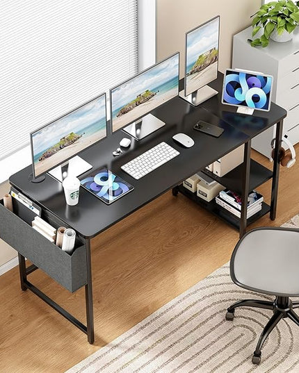 Computer Desk, 55” Home Office Desks, Modern Small Desk for Bedroom, Gaming Desk with Iron Hook and Height Adjustable Feet, Sturdy Student Writing Desk with Storage Bag, Storage Shelves - LeafyLoom