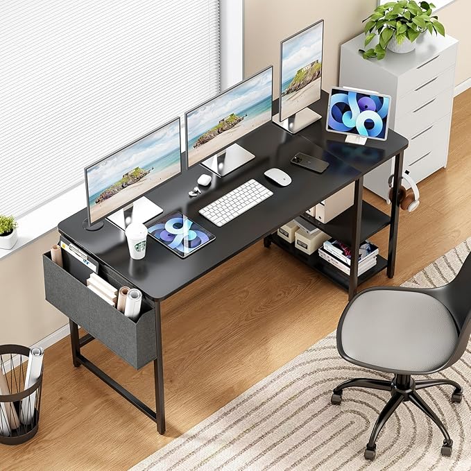 Computer Desk, 55” Home Office Desks, Modern Small Desk for Bedroom, Gaming Desk with Iron Hook and Height Adjustable Feet, Sturdy Student Writing Desk with Storage Bag, Storage Shelves - LeafyLoom