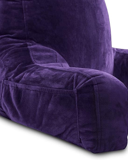 Husband Pillow XXL Purple Backrest with Arms - Adult Reading Pillow with Shredded Memory Foam, Ultra-Comfy Removable Microplush Cover & Detachable Neck Roll, Unmatched Support Bed Rest Sit Up Pillow - LeafyLoom