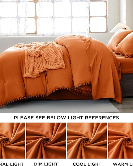 Litanika Queen Size Comforter Set Burnt Orange,3 Pieces Burnt Orange Boho Pom Pom Lightweight Bed Comforter, All Season Solid Color Bedding Comforter Sets (1 Comforter 90x90 Inch, 2 Pillowcases) - LeafyLoom