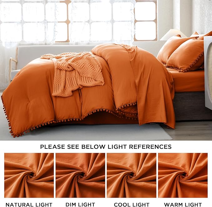 Litanika Queen Size Comforter Set Burnt Orange,3 Pieces Burnt Orange Boho Pom Pom Lightweight Bed Comforter, All Season Solid Color Bedding Comforter Sets (1 Comforter 90x90 Inch, 2 Pillowcases) - LeafyLoom