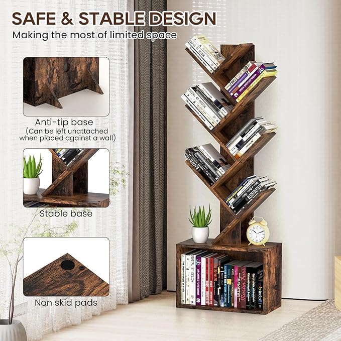6 Tier Tree Bookshelf, Sturdy Retro Floor Standing Wood Bookcase, Storage Rack for Home Office, Living Room, Bedroom, Reading Spot, Heavy Book Organizer Shelves for CDs/DVDs/Movies - LeafyLoom