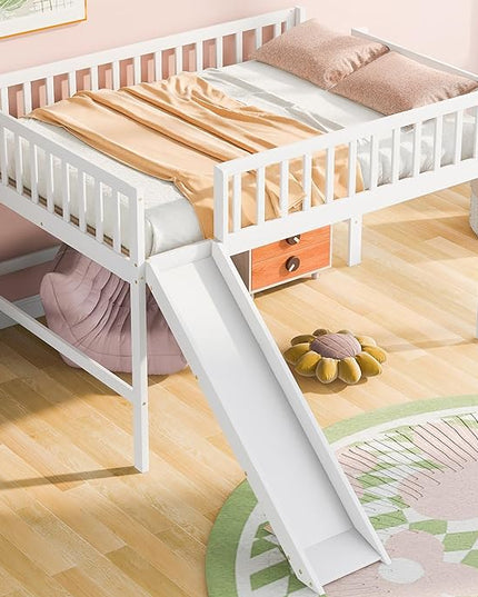 Merax Full Size Junior Wood Loft Bed with Slide Loft Bunk Bed for Girls Boys,Easy Assemble,White - LeafyLoom