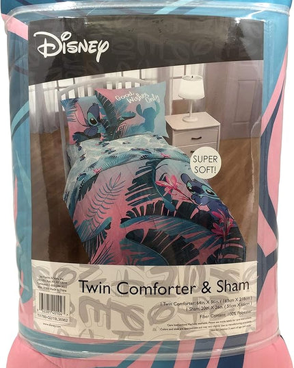Jay Franco Disney Lilo & Stitch Floral Fun Twin Comforter & Sham Set - Super Soft Kids Reversible Bedding - Fade Resistant Microfiber (Official Disney Product) - LeafyLoom