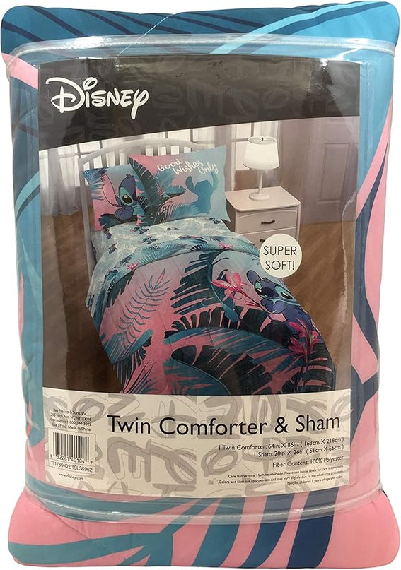 Jay Franco Disney Lilo & Stitch Floral Fun Twin Comforter & Sham Set - Super Soft Kids Reversible Bedding - Fade Resistant Microfiber (Official Disney Product) - LeafyLoom