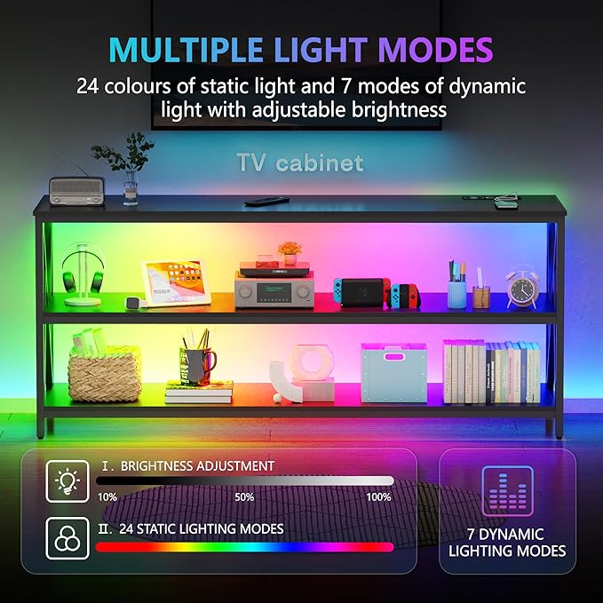 Lvifur LED TV Stand up to 70''Televisions, Farmhouse TV Console Table with RGB 24 Colors Dimmable, Industrial Entertainment Center with Human Body Sensor for Living Room Bedroom - LeafyLoom