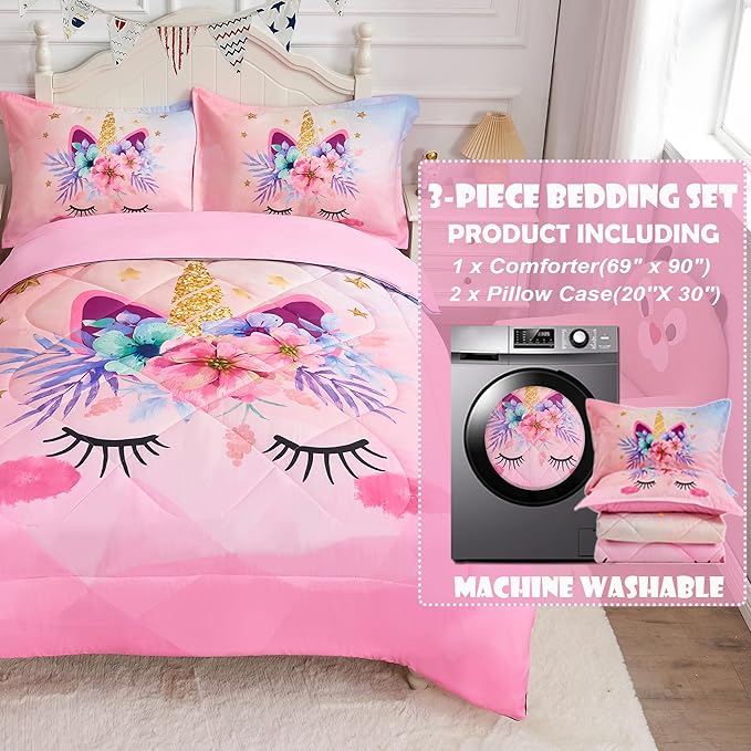 Pink Unicorn Queen Bedding Set for Girls 3 Piece Kids Comforter Set Cartoon Unicorn Flowers Quilt Set Bed in A Bag Lightweight Duvet Bed Set for Kids Teen Girls Women Bedroom Decor with 2 Pillowcases - LeafyLoom