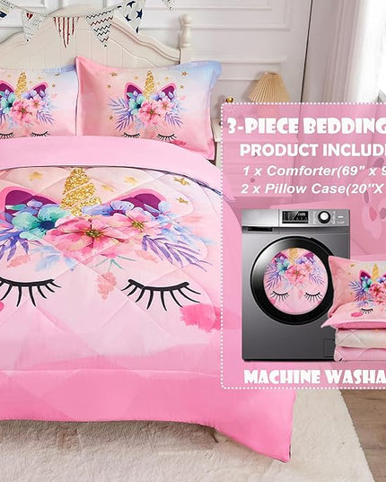 VIVILINEN Twin Size Bedding Set for Girls 3 Piece Pink Unicorn Kids Comforter Set Cartoon Unicorn Flowers Quilt Set Bed in A Bag Lightweight Duvet Bed Set for Kids Teen Girls Women with 2 Pillowcases - LeafyLoom