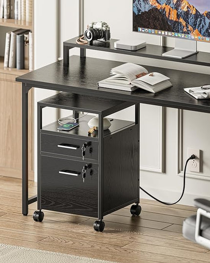 SUPERJARE File Cabinet with Lock & Charging Station, 2 Drawers Rolling Filing Cabinet, Office File Cabinet with Wheels & Open Shelf, for Home Office, A4/Letter Size Files Under Desk - Black - LeafyLoom