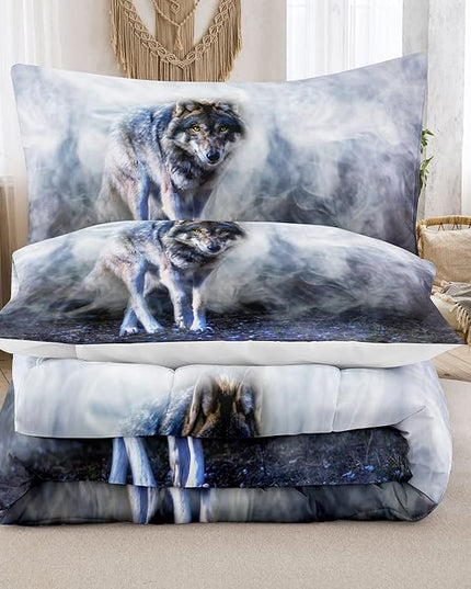 Bodhi Wild Wolf Comforter Set Twin for Boys,Mens Wolf Bedding Set, Wolf Standing in The Forest Surrounded by Fog, Wolf Comforter with Matching Pillowcases, 1 Comforter+1 Pillow Shams #4018 - LeafyLoom