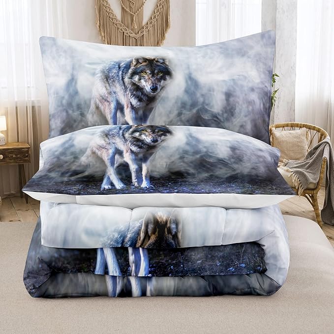 Bodhi Wild Wolf Comforter Set King for Boys,Mens Wolf Bedding Set, Wolf Standing in The Forest Surrounded by Fog, Wolf Comforter with Matching Pillowcases, 1 Comforter+2 Pillow Shams #4018 - LeafyLoom