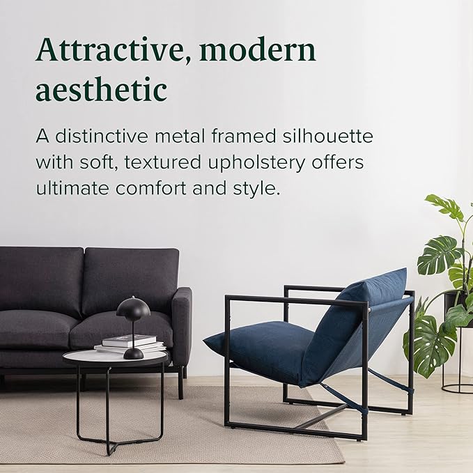 ZINUS Aidan Sling Accent Chair / Metal Framed Armchair with Shredded Foam Cushioning, Navy - LeafyLoom