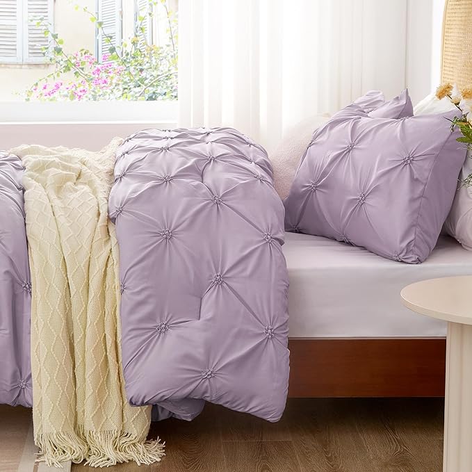 BEDELITE Light Purple Twin Comforter Set for Girls - 2 Peices Boho Pintuck Bedding Comforter Sets, Lightweight Soft & Warm Twin Bedding Sets with 1 Pillowcase for All Season - LeafyLoom