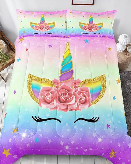 Unicorn Bedding Twin for Girls, Colorful Rainbow Comforter Set with Pink Unicorn Bedding Comforter, Cute Bed Set for Kids Teens, Ultra Soft and Fluffy - LeafyLoom