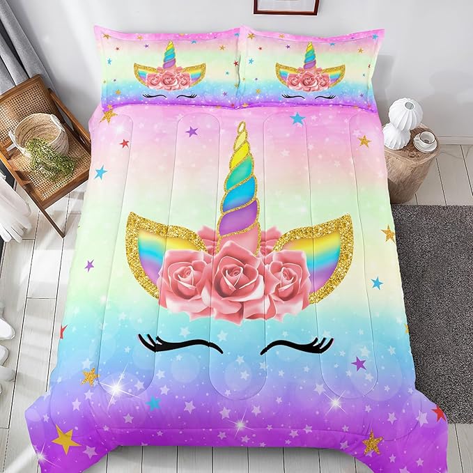 Unicorn Bedding Twin for Girls, Colorful Rainbow Comforter Set with Pink Unicorn Bedding Comforter, Cute Bed Set for Kids Teens, Ultra Soft and Fluffy - LeafyLoom