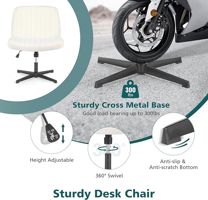 OLIXIS Cross Legged Armless Wide Adjustable Swivel Padded Home Office Desk Chair, Off White - LeafyLoom