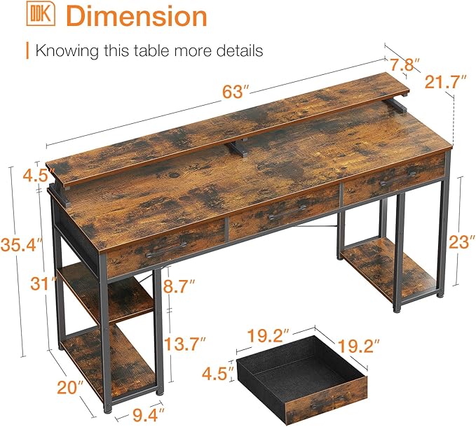 ODK Computer Desk with Drawers and Storage Shelves, 63 inch Home Office desk with Monitor Stand, Modern Work Study writing table Desk for Small Spaces, Vintage - LeafyLoom