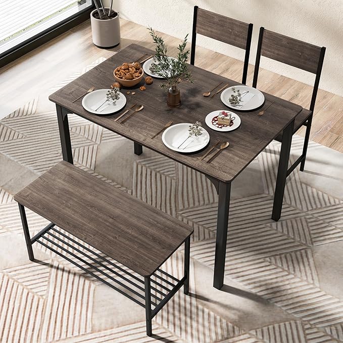 Moccha Dining Table Set for 4, Wooden Kitchen Table with with 2 Chairs and a Long Bench, Modern 4-Piece Dinette with Metal Frame & Storage Rack, Space-Saving Table Set for Dining Room, Black Oak - LeafyLoom