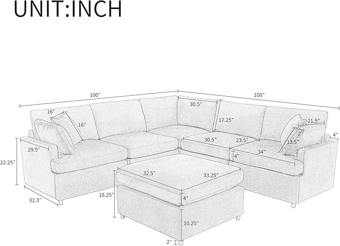 100.4" Modern Large U-Shape Modular Sectional Sofa with Removable Ottomans, Flexible Combination 6-Seater Upholstered Couch for Living Room Apartment Office, Beige, 100.4 Inch - LeafyLoom