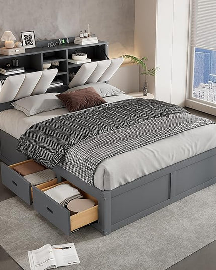Wood Full Size Platform Bed with Storage Headboard and 4 Drawers, Gray - LeafyLoom