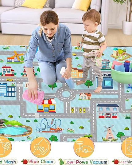 Kids Car Rug,4x6 City Life Traffic Road Playmat for Toy Cars Trains, Non-Slip Race Track Carpet Educational Fun Area Rugs for Boy and Girl Bedroom Nursery - LeafyLoom