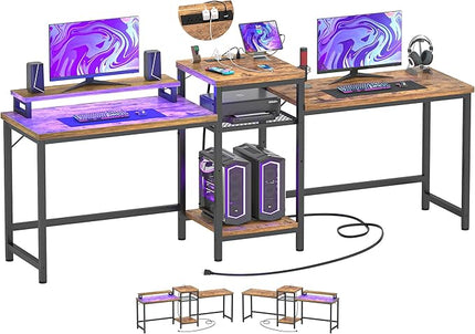 Unikito Double Computer Desk with LED Strip and Power Outlet, 2 Person Desk with Monitor Stand and Storage, Ergonomic Computer Desk with Printer Stand for Home Office, Long Gaming desk, Rustic Brown - LeafyLoom