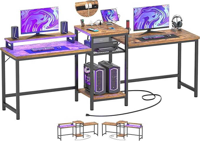 Unikito Double Computer Desk with LED Strip and Power Outlet, 2 Person Desk with Monitor Stand and Storage, Ergonomic Computer Desk with Printer Stand for Home Office, Long Gaming desk, Rustic Brown - LeafyLoom