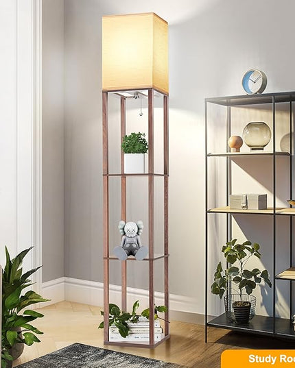 Floor Lamp with Shelves for Living Room Walnut Brown, Shelf Floor Lamp with 3 CCT LED Bulb, Corner Display Standing Column Lamp Etagere Organizer Tower Nightstand with White Linen Shade for Bedroom - LeafyLoom