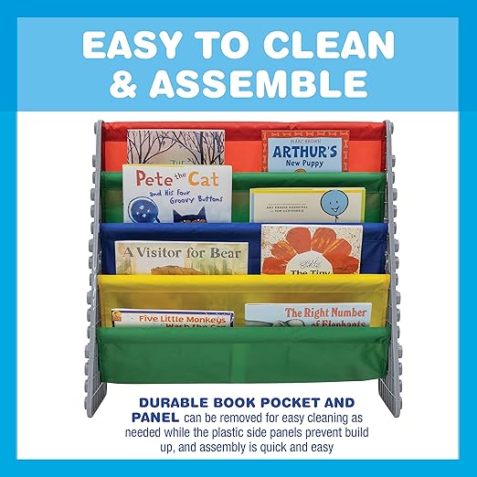UNiPLAY Kids 4-Tier Book Storage Organizer with Sling Book Pockets, Plastic Sling Rack Bookshelf for Playroom, Fits Blocks, Gray/Primary - LeafyLoom