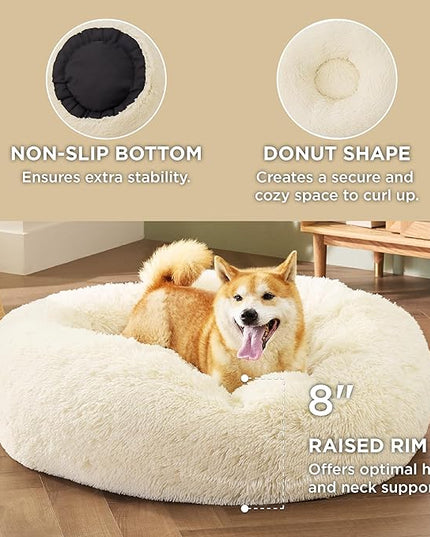 Bedsure Calming Dog Bed for Medium Dogs - Donut Washable Medium Pet Bed, Anti-Slip Round Fluffy Plush Faux Fur Cat Bed, Fits up to 45 lbs Pets, Oat Milk, 30 inches BEDSURE