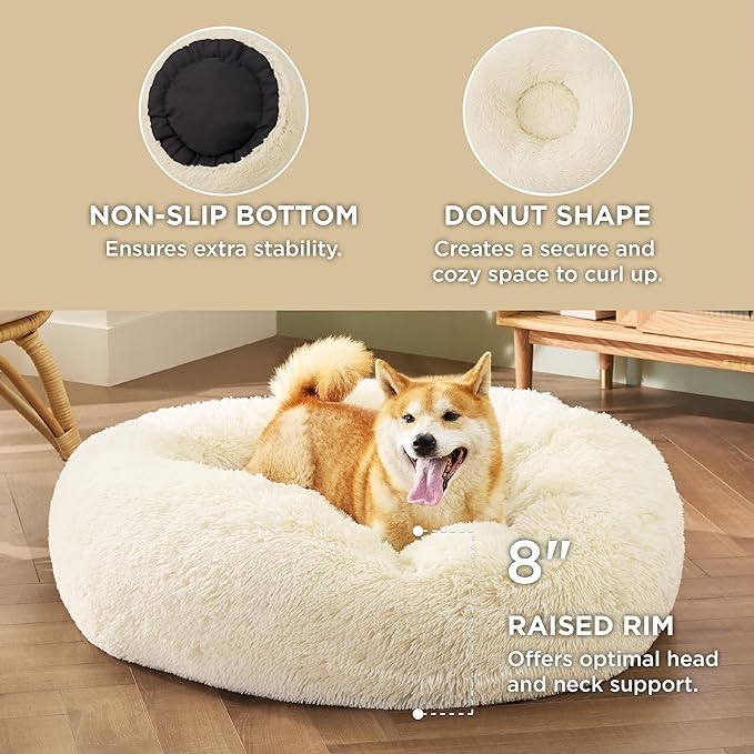 Bedsure Calming Dog Bed for Medium Dogs - Donut Washable Medium Pet Bed, Anti-Slip Round Fluffy Plush Faux Fur Cat Bed, Fits up to 45 lbs Pets, Oat Milk, 30 inches BEDSURE