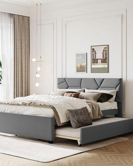 Queen Size Upholstered Platform Bed with Brick Pattern Headboard and Twin XL Size Trundle,Bedroom Bed Frame w/Linen Fabric,Wooden Slats Supproted,for Teens Kids Adults,Gray - LeafyLoom