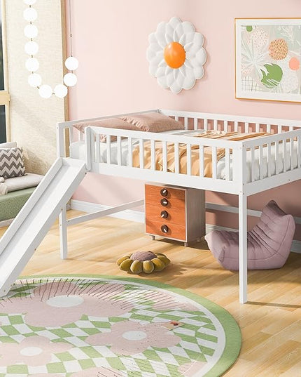 Merax Full Size Junior Wood Loft Bed with Slide Loft Bunk Bed for Girls Boys,Easy Assemble,White - LeafyLoom