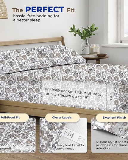 THREAD SPREAD 100% Egyptian Cotton Printed Bed Sheets - 600 Thread Count 4 PC Full Sheet Set, Hotel Luxury Sateen Bedsheets, 16" Deep Pocket Soft Cooling Sheets for Full Size Bed - Floral Ivory - LeafyLoom
