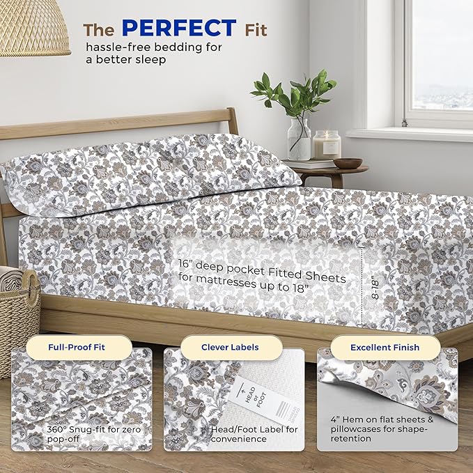 THREAD SPREAD 100% Egyptian Cotton Printed Bed Sheets - 600 Thread Count 4 PC Full Sheet Set, Hotel Luxury Sateen Bedsheets, 16" Deep Pocket Soft Cooling Sheets for Full Size Bed - Floral Ivory - LeafyLoom