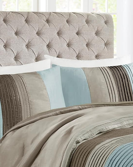 Madison Park Amherst Faux Silk Comforter Set-Casual Contemporary Design All Season Down Alternative Bedding, Matching Shams, Bedskirt, Decorative Pillows, King(104"x92"), Blue, 7 Piece (MP10-043) - LeafyLoom