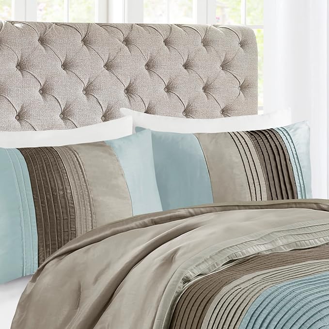 Madison Park Amherst Faux Silk Comforter Set-Casual Contemporary Design All Season Down Alternative Bedding, Matching Shams, Bedskirt, Decorative Pillows, King(104"x92"), Blue, 7 Piece (MP10-043) - LeafyLoom