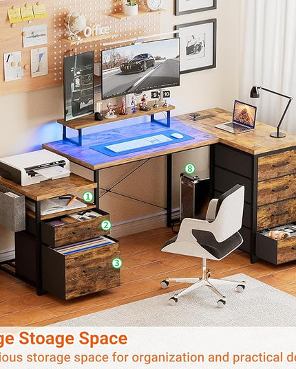 Unikito Reversible L Shaped Computer Desk with Fabric File Drawers, 70.8" Large Office Desk with RGB LED Lights & Power Outlets & Monitor Stand & CPU Stand, Sturdy Corner Gaming Desk, Rustic Brown - LeafyLoom