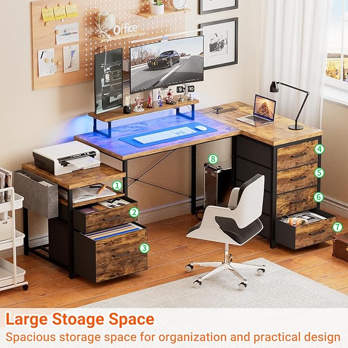 Unikito Reversible L Shaped Computer Desk with Fabric File Drawers, 70.8" Large Office Desk with RGB LED Lights & Power Outlets & Monitor Stand & CPU Stand, Sturdy Corner Gaming Desk, Rustic Brown - LeafyLoom