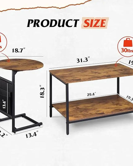 WLIVE Coffee Table and End Table Set, 31.3" Center Table and 18.7" Small Round Coffee Table with Side Pouch, Wood Nesting Coffee Table for Living Room, Bedroom, Rustic Brown - LeafyLoom