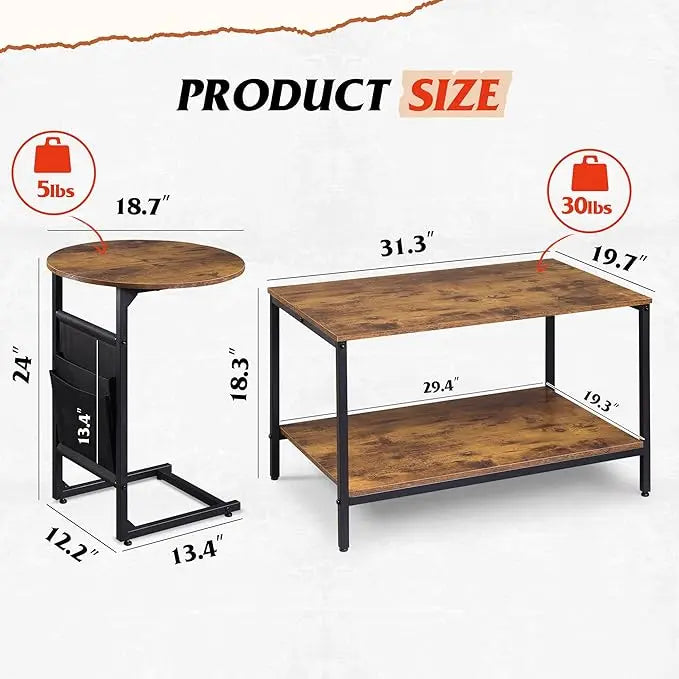 WLIVE Coffee Table and End Table Set, 31.3" Center Table and 18.7" Small Round Coffee Table with Side Pouch, Wood Nesting Coffee Table for Living Room, Bedroom, Rustic Brown - LeafyLoom